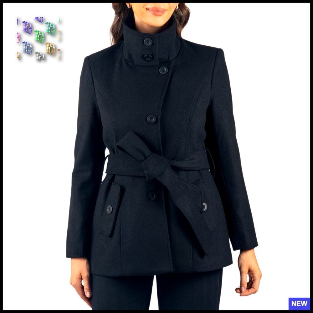 Wool Blend Peacoat Convertible Collar Removable Belt 3-in-1 Chic Sophisticated